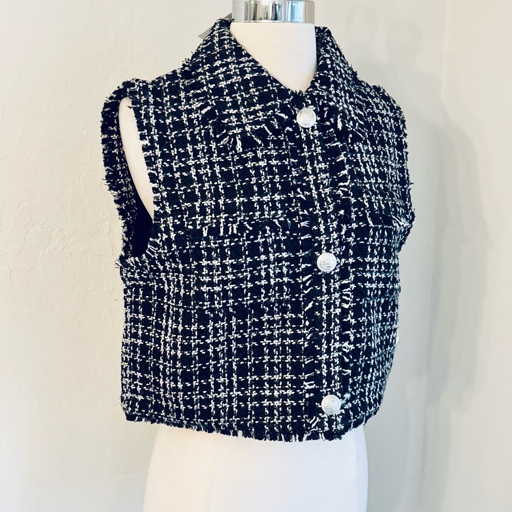 Laundry by Shelli Segal Tweed Cropped Vest Frayed Design, Black /White, Sz S NWT - Picture 4 of 13